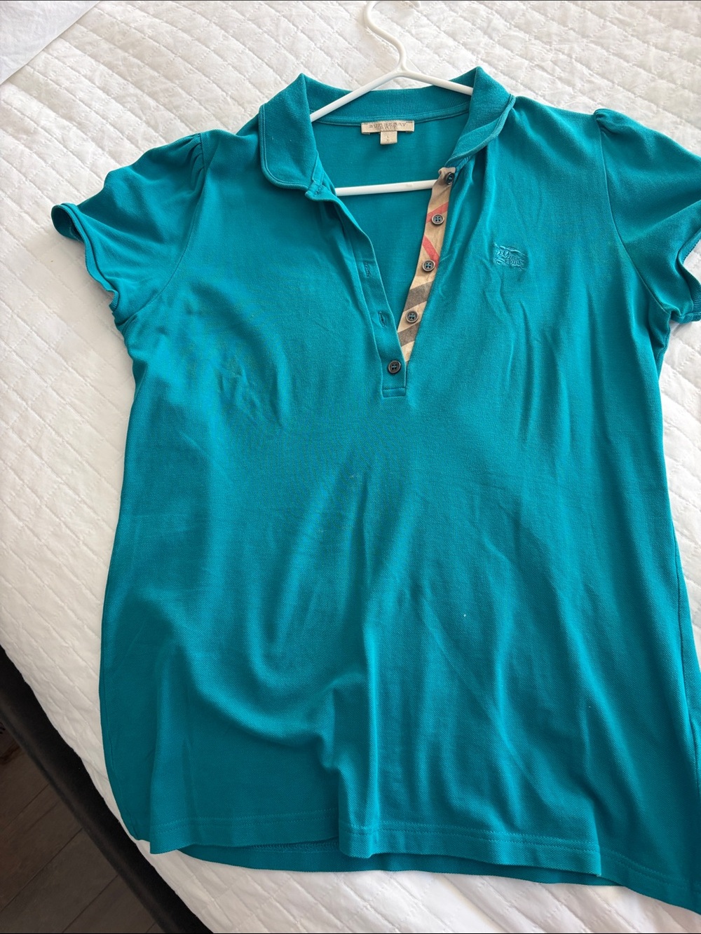 Burberry Teal Short-Sleeve Polo with Signature Check Placket